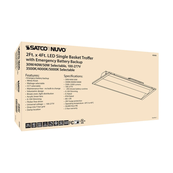 Single Basket Troffer Nuvo 65-693 2X4 Emergency Backup - Single Basket LED Troffer Fixture - Wattage Selectable - CCT Selectable - Lumens Selectable - White Finish Nuvo