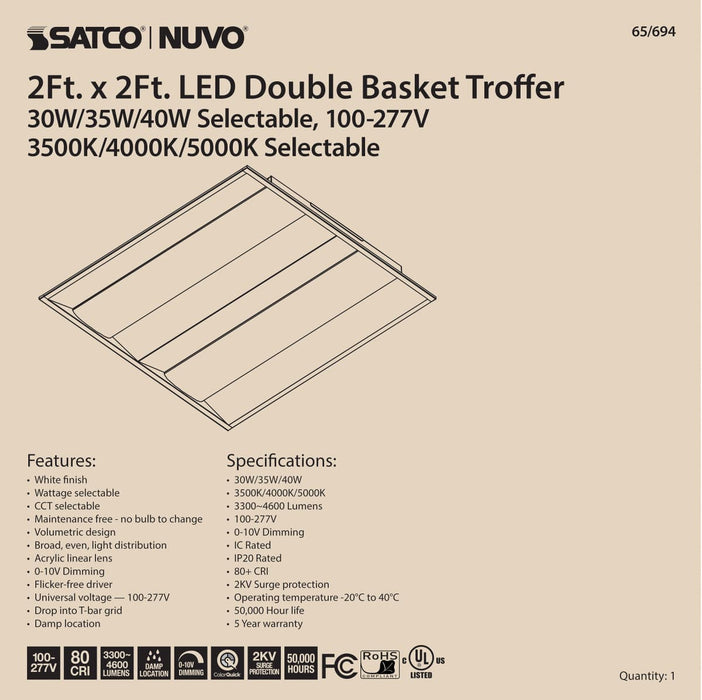 Double Basket Troffer Nuvo 65-694 2X2 Double Basket LED Troffer Fixture - Wattage Selectable - CCT Selectable - Lumens Selectable - 100-277V - White Finish Nuvo