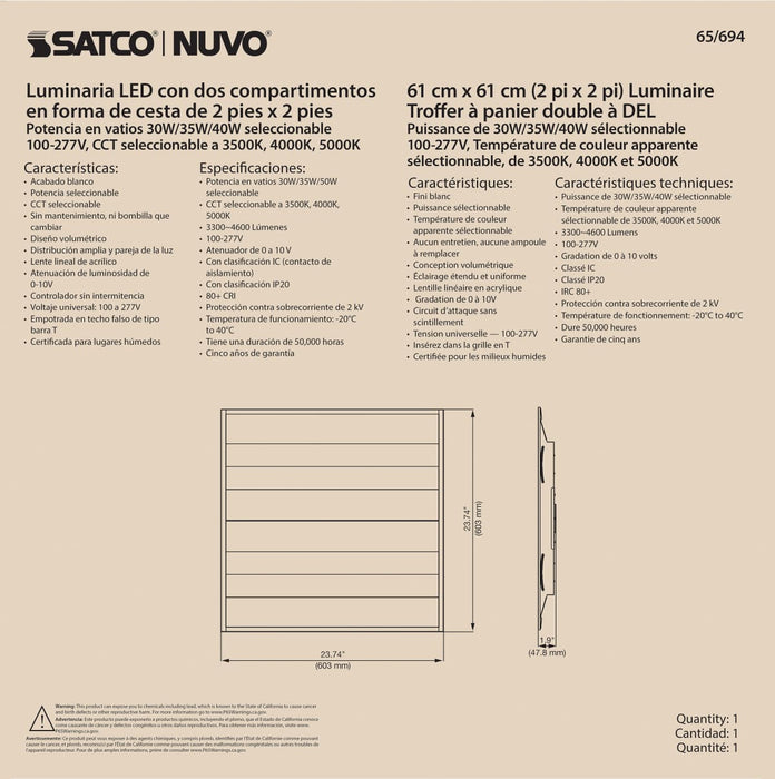 Double Basket Troffer Nuvo 65-694 2X2 Double Basket LED Troffer Fixture - Wattage Selectable - CCT Selectable - Lumens Selectable - 100-277V - White Finish Nuvo
