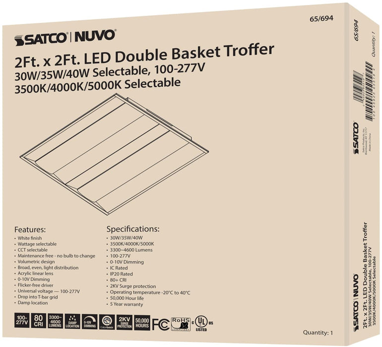 Double Basket Troffer Nuvo 65-694 2X2 Double Basket LED Troffer Fixture - Wattage Selectable - CCT Selectable - Lumens Selectable - 100-277V - White Finish Nuvo