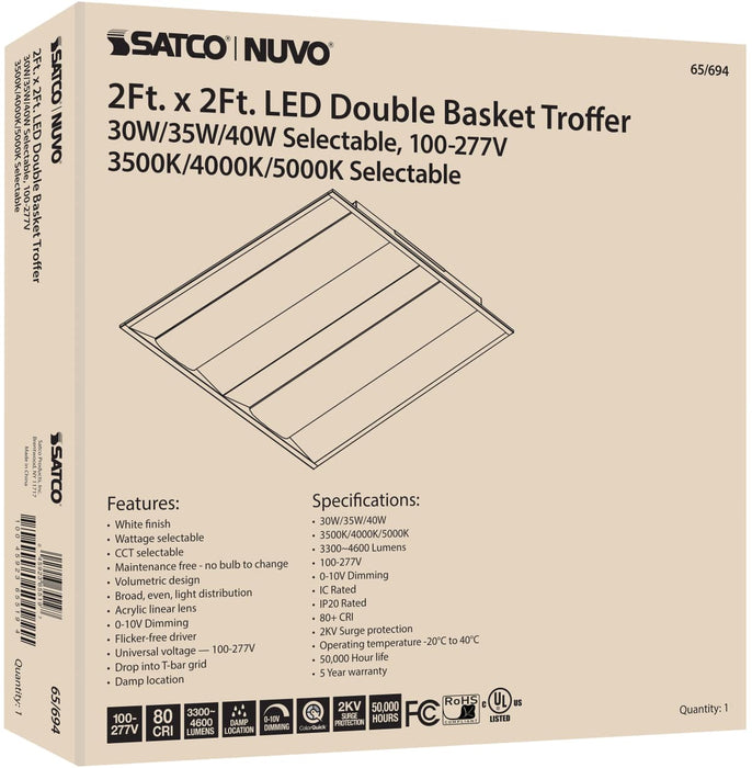 Double Basket Troffer Nuvo 65-694 2X2 Double Basket LED Troffer Fixture - Wattage Selectable - CCT Selectable - Lumens Selectable - 100-277V - White Finish Nuvo