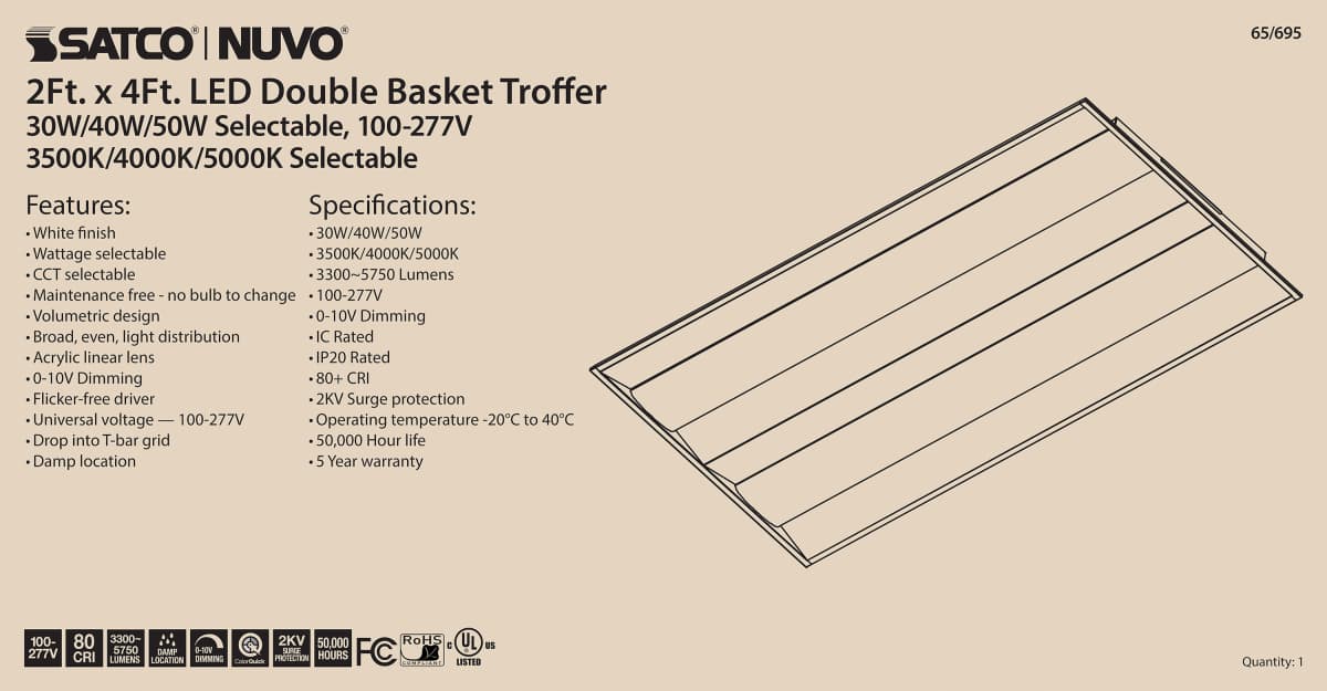 Double Basket Troffer Nuvo 65-695 2X4 Double Basket LED Troffer Fixture - Wattage Selectable - CCT Selectable - Lumens Selectable - 100-277V - White Finish Nuvo