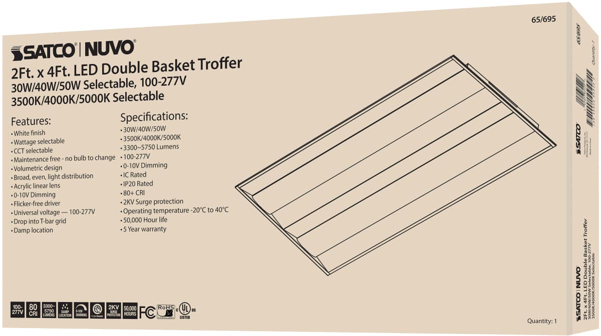 Double Basket Troffer Nuvo 65-695 2X4 Double Basket LED Troffer Fixture - Wattage Selectable - CCT Selectable - Lumens Selectable - 100-277V - White Finish Nuvo