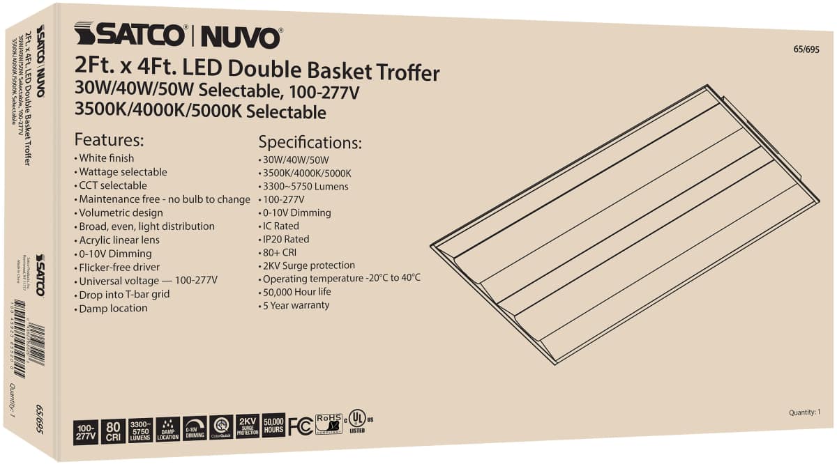 Double Basket Troffer Nuvo 65-695 2X4 Double Basket LED Troffer Fixture - Wattage Selectable - CCT Selectable - Lumens Selectable - 100-277V - White Finish Nuvo
