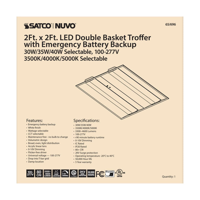 Double Basket Troffer Nuvo 65-696 2X2 Emergency Backup - Double Basket LED Troffer Fixture - Wattage Selectable - CCT Selectable - Lumens Selectable - White Finish Nuvo