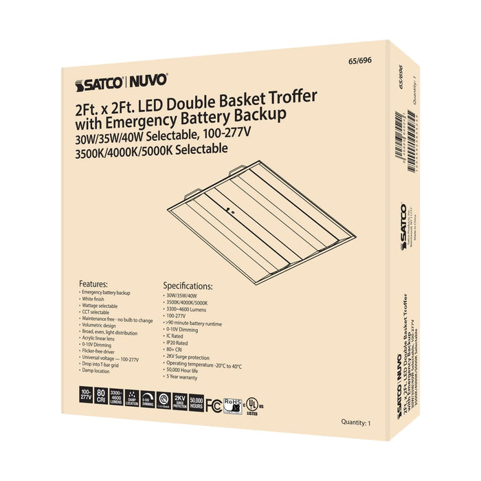 Double Basket Troffer Nuvo 65-696 2X2 Emergency Backup - Double Basket LED Troffer Fixture - Wattage Selectable - CCT Selectable - Lumens Selectable - White Finish Nuvo