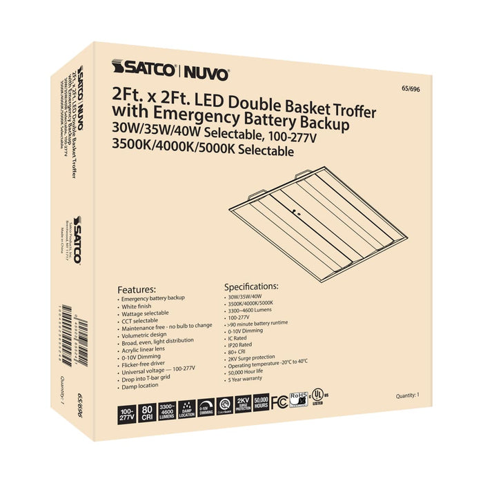 Double Basket Troffer Nuvo 65-696 2X2 Emergency Backup - Double Basket LED Troffer Fixture - Wattage Selectable - CCT Selectable - Lumens Selectable - White Finish Nuvo