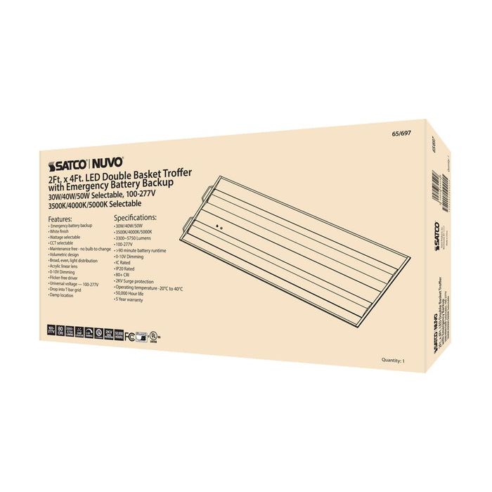 Double Basket Troffer Nuvo 65-697 2X4 Emergency Backup - Double Basket LED Troffer Fixture - Wattage Selectable - CCT Selectable - Lumens Selectable - White Finish Nuvo