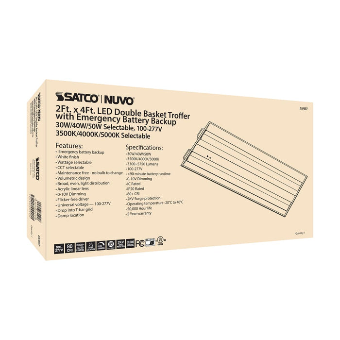 Double Basket Troffer Nuvo 65-697 2X4 Emergency Backup - Double Basket LED Troffer Fixture - Wattage Selectable - CCT Selectable - Lumens Selectable - White Finish Nuvo
