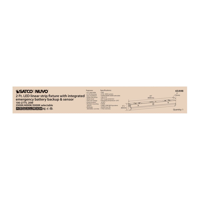 Strip Light Nuvo 65-698 LED 2 ft. - Linear Strip Light - 20W - White Finish - CCT Selectable - 100-277V - Integrated EM & Sensor Nuvo