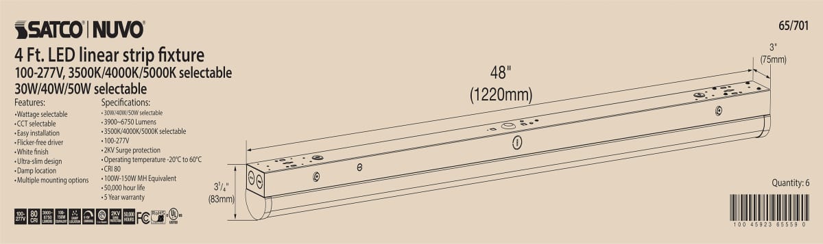 Strip Light Nuvo 65-701 4 ft. LED - Linear Strip Light - Wattage and CCT Selectable - White Finish Nuvo