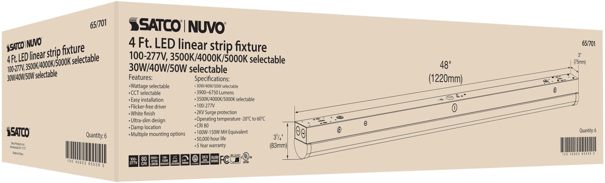 Strip Light Nuvo 65-701 4 ft. LED - Linear Strip Light - Wattage and CCT Selectable - White Finish Nuvo