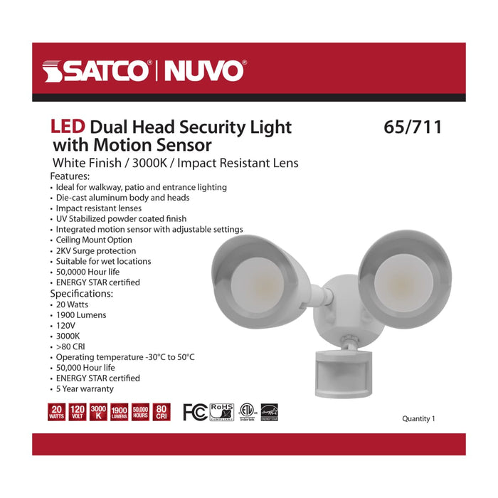 Security Lighting Nuvo 65-711 LED Security Light - Dual Head - Motion Sensor Included - White Finish - 3000K Nuvo