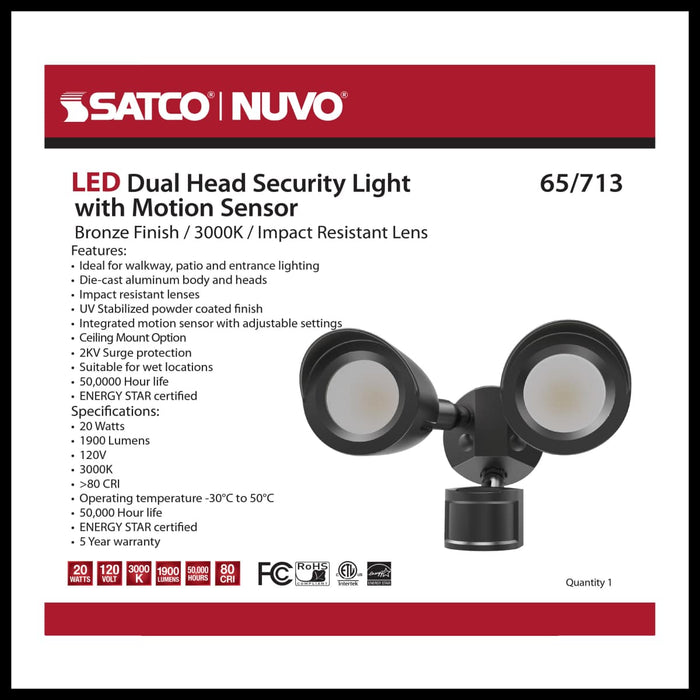 Security Lighting Nuvo 65-713 LED Security Light - Dual Head - Motion Sensor Included - Bronze Finish - 3000K Nuvo