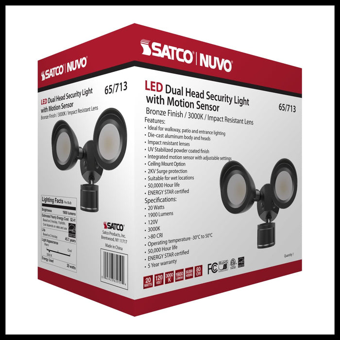 Security Lighting Nuvo 65-713 LED Security Light - Dual Head - Motion Sensor Included - Bronze Finish - 3000K Nuvo