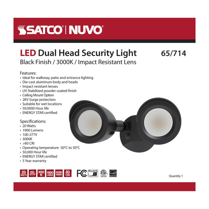 Security Lighting Nuvo 65-714 LED Security Light - Dual Head - Black Finish - 3000K Nuvo