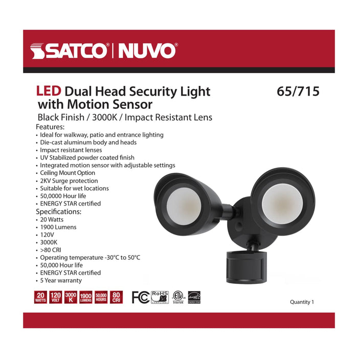 Security Lighting Nuvo 65-715 LED Security Light - Dual Head - Motion Sensor Included - Black Finish - 3000K Nuvo