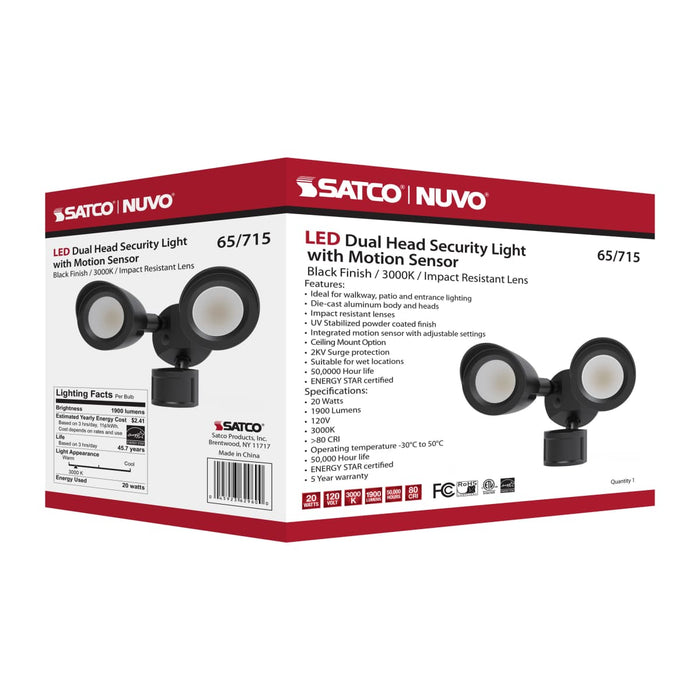 Security Lighting Nuvo 65-715 LED Security Light - Dual Head - Motion Sensor Included - Black Finish - 3000K Nuvo