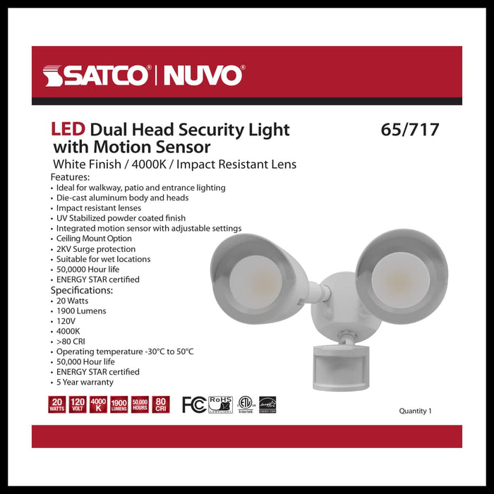 Security Lighting Nuvo 65-717 LED Security Light - Dual Head - Motion Sensor Included - White Finish - 4000K Nuvo