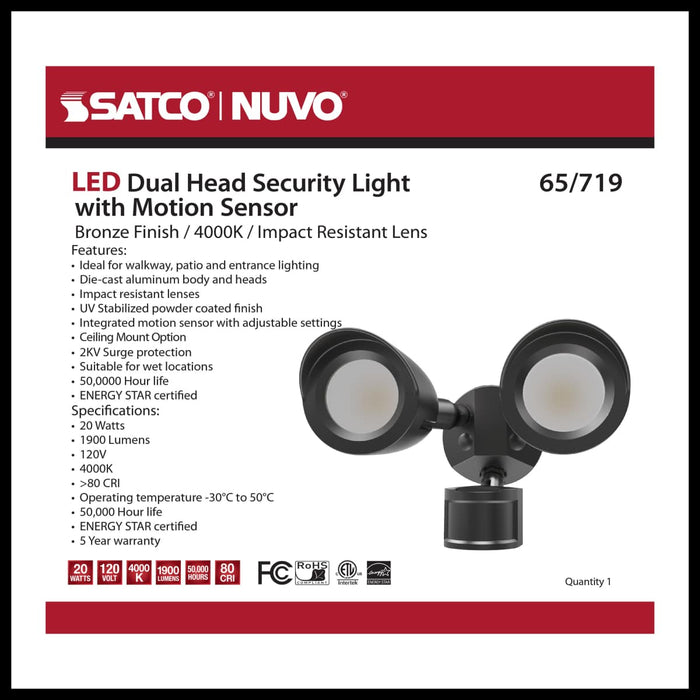 Security Lighting Nuvo 65-719 LED Security Light - Dual Head - Motion Sensor Included - Bronze Finish - 4000K Nuvo