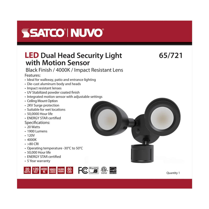Security Lighting Nuvo 65-721 LED Security Light - Dual Head - Motion Sensor Included - Black Finish - 4000K Nuvo