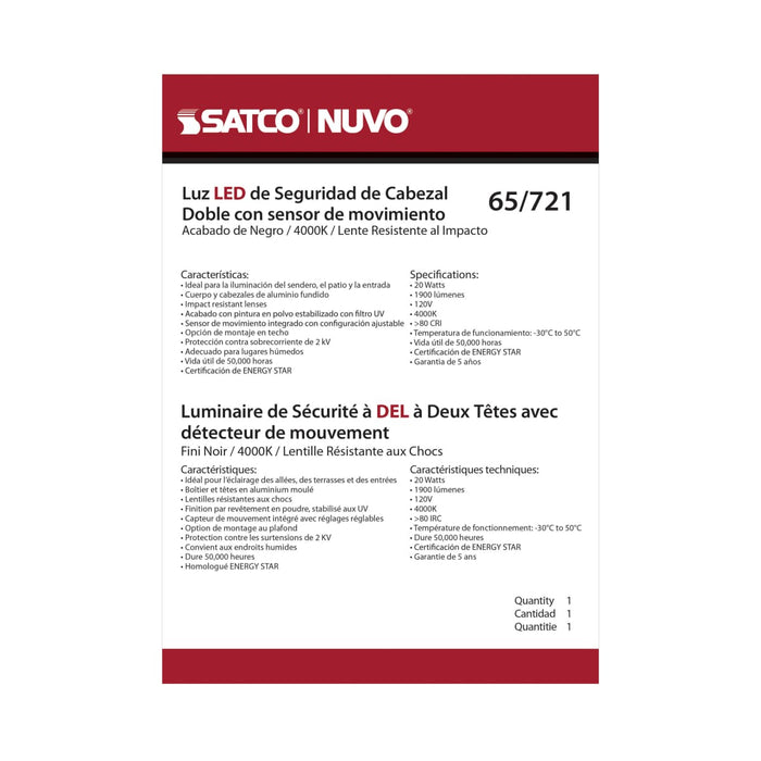 Security Lighting Nuvo 65-721 LED Security Light - Dual Head - Motion Sensor Included - Black Finish - 4000K Nuvo