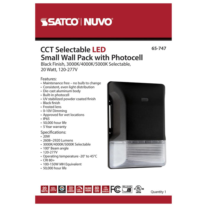 Wall Pack Nuvo 65-747 LED Small Wall Pack - 20W - CCT Selectable 3K/4K/5K - Black Finish - 100-277V Nuvo