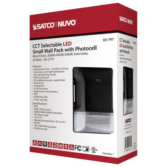 Wall Pack Nuvo 65-747 LED Small Wall Pack - 20W - CCT Selectable 3K/4K/5K - Black Finish - 100-277V Nuvo