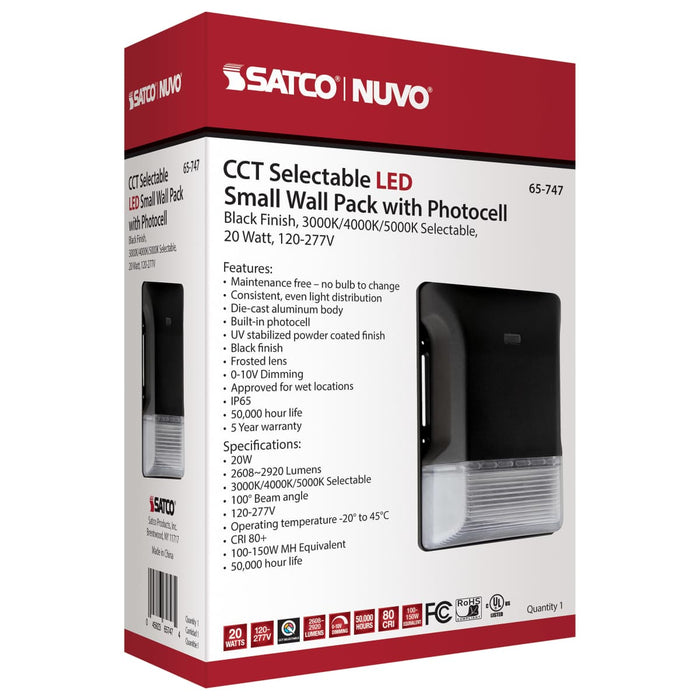 Wall Pack Nuvo 65-747 LED Small Wall Pack - 20W - CCT Selectable 3K/4K/5K - Black Finish - 100-277V Nuvo