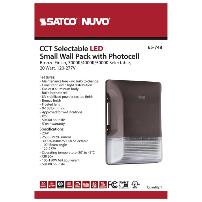 Wall Pack Nuvo 65-748 LED Small Wall Pack - 20W - CCT Selectable 3K/4K/5K - Bronze Finish - 100-277V Nuvo