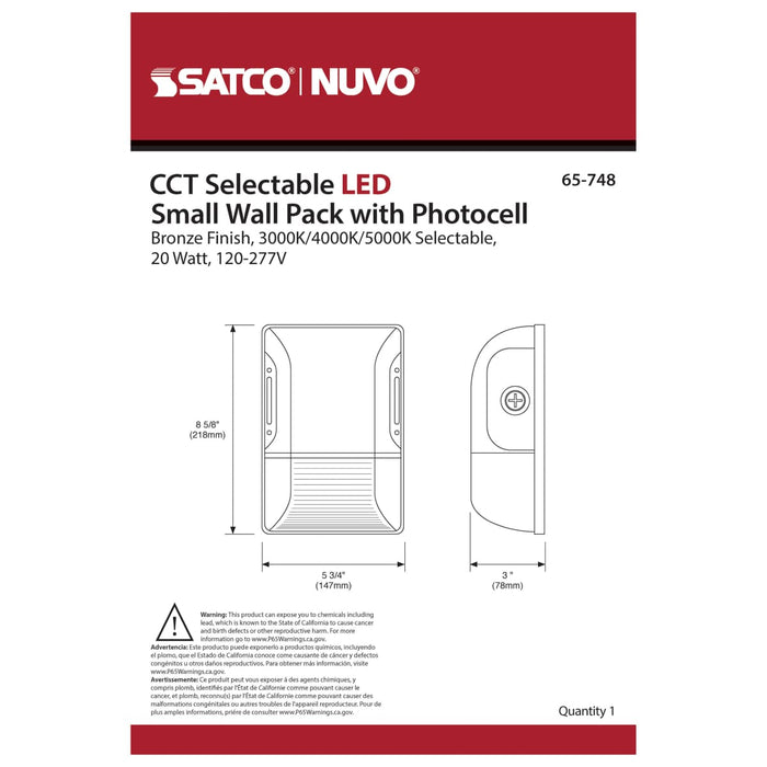 Wall Pack Nuvo 65-748 LED Small Wall Pack - 20W - CCT Selectable 3K/4K/5K - Bronze Finish - 100-277V Nuvo