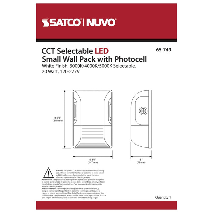 Wall Pack Nuvo 65-749 LED Small Wall Pack - 20W - CCT Selectable 3K/4K/5K - White Finish - 100-277V Nuvo