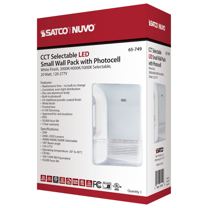 Wall Pack Nuvo 65-749 LED Small Wall Pack - 20W - CCT Selectable 3K/4K/5K - White Finish - 100-277V Nuvo