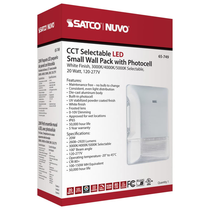Wall Pack Nuvo 65-749 LED Small Wall Pack - 20W - CCT Selectable 3K/4K/5K - White Finish - 100-277V Nuvo