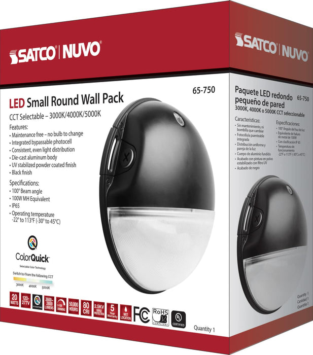 Area Light Nuvo 65-750 LED Small Round Wall Pack - 20W - CCT Selectable - Bypassable Photocell - 120-277 Volt - Black Finish Nuvo