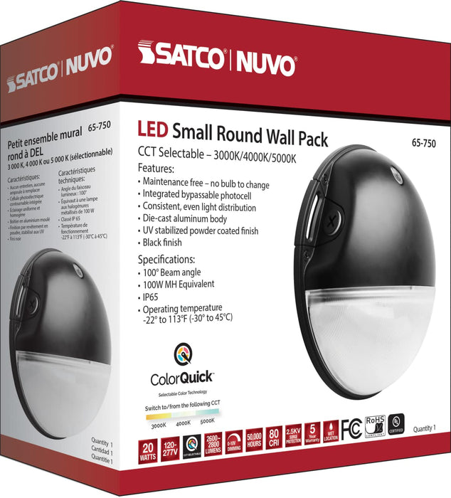 Area Light Nuvo 65-750 LED Small Round Wall Pack - 20W - CCT Selectable - Bypassable Photocell - 120-277 Volt - Black Finish Nuvo