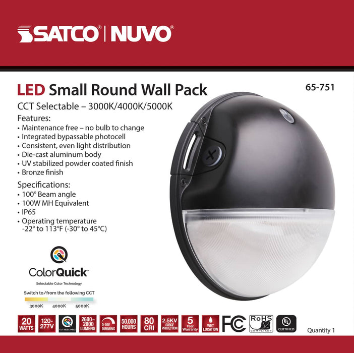 Area Light Nuvo 65-751 LED Small Round Wall Pack - 20W - CCT Selectable - Bypassable Photocell - 120-277 Volt - Bronze Finish Nuvo