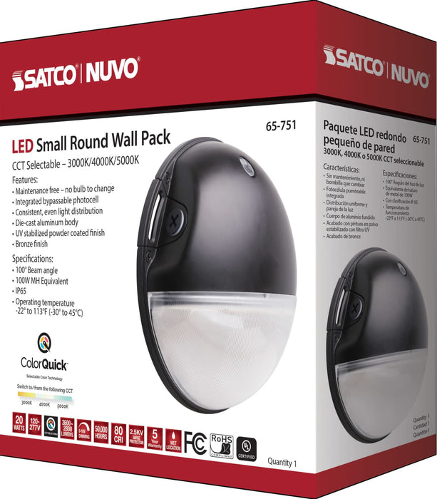 Area Light Nuvo 65-751 LED Small Round Wall Pack - 20W - CCT Selectable - Bypassable Photocell - 120-277 Volt - Bronze Finish Nuvo
