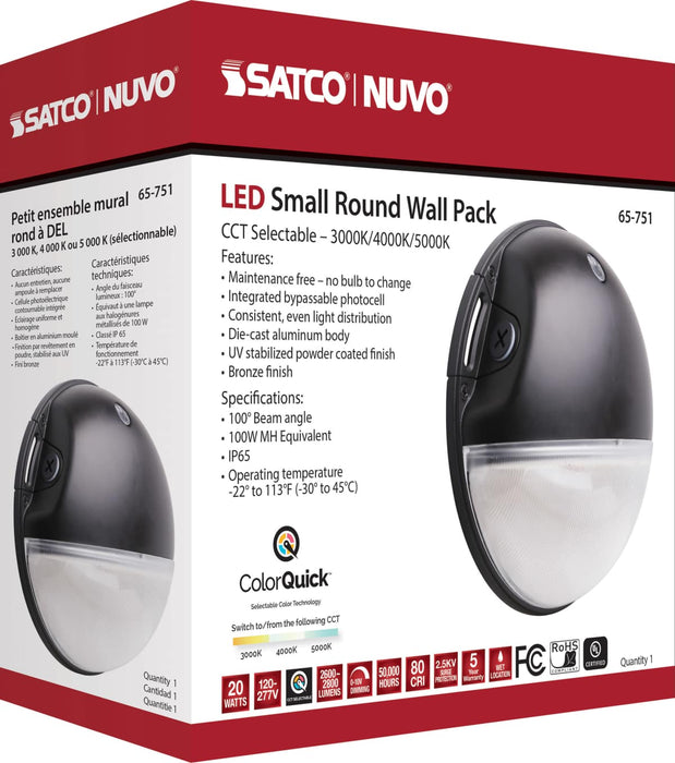 Area Light Nuvo 65-751 LED Small Round Wall Pack - 20W - CCT Selectable - Bypassable Photocell - 120-277 Volt - Bronze Finish Nuvo