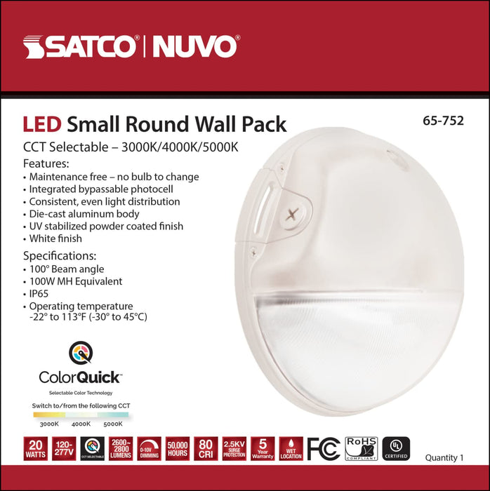 Area Light Nuvo 65-752 LED Small Round Wall Pack - 20W - CCT Selectable - Bypassable Photocell - 120-277 Volt - White Finish Nuvo