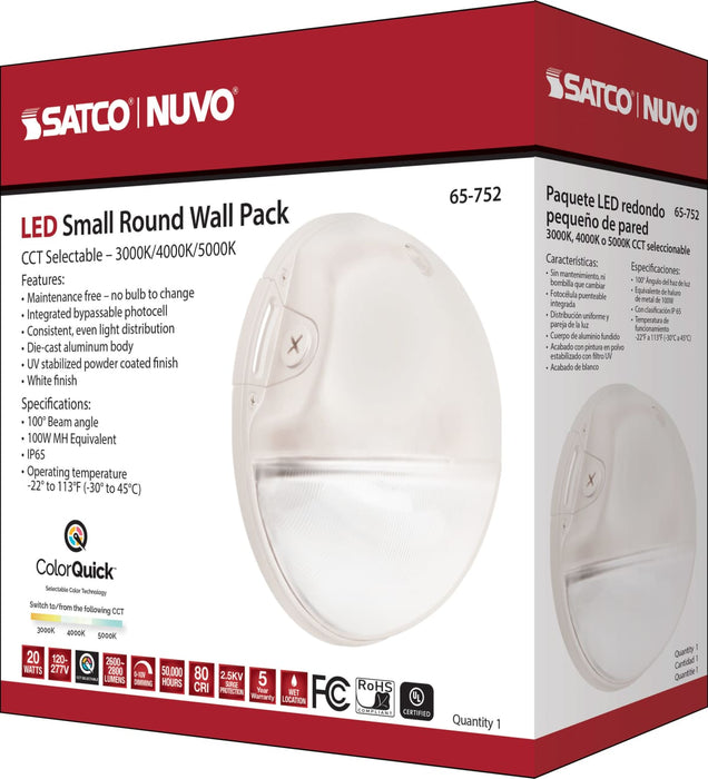 Area Light Nuvo 65-752 LED Small Round Wall Pack - 20W - CCT Selectable - Bypassable Photocell - 120-277 Volt - White Finish Nuvo