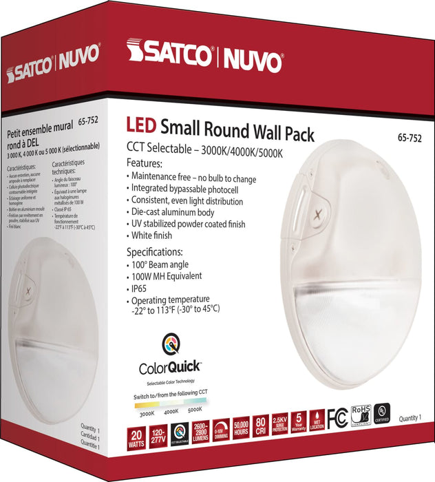 Area Light Nuvo 65-752 LED Small Round Wall Pack - 20W - CCT Selectable - Bypassable Photocell - 120-277 Volt - White Finish Nuvo