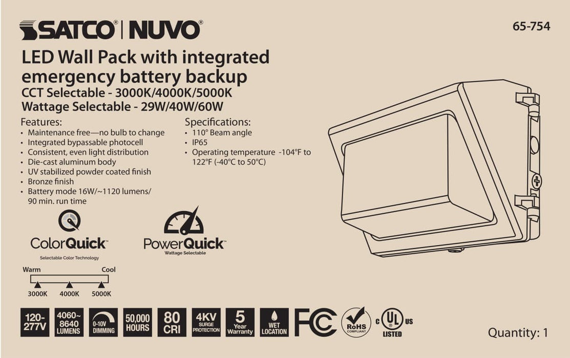 Wall Pack Nuvo 65-754 Emergency Architectural LED Wall Pack - CCT Selectable 3K/4K/5K - Wattage Adjustable - Bypassable Photocell - 120-277 Volt - Bronze Finish Nuvo