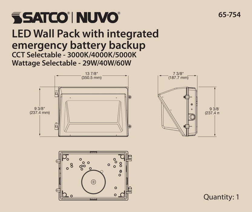 Wall Pack Nuvo 65-754 Emergency Architectural LED Wall Pack - CCT Selectable 3K/4K/5K - Wattage Adjustable - Bypassable Photocell - 120-277 Volt - Bronze Finish Nuvo