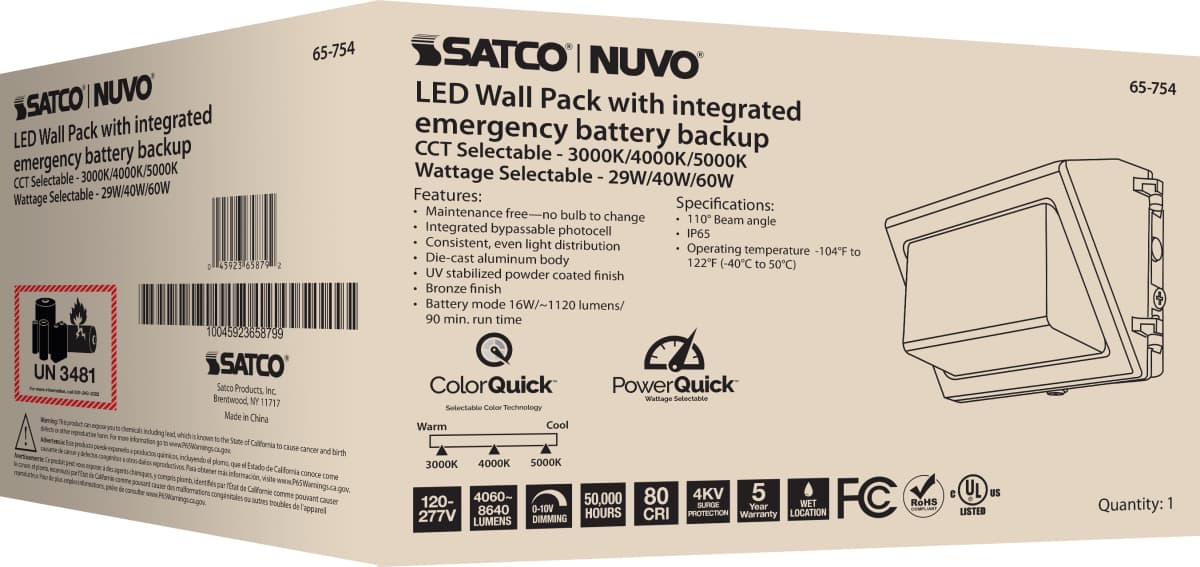 Wall Pack Nuvo 65-754 Emergency Architectural LED Wall Pack - CCT Selectable 3K/4K/5K - Wattage Adjustable - Bypassable Photocell - 120-277 Volt - Bronze Finish Nuvo