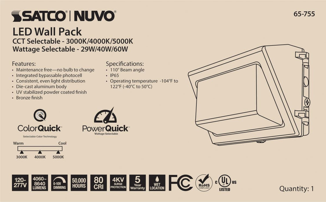 Wall Pack Nuvo 65-755 CCT and Wattage Adjustable LED Wall Pack - Integrated Bypassable Photocell - CCT Selectable from 3000, 4000 or 5000K - Wattage Selectable from 29, 40, or 60 Watt - 120-277 Volt - Bronze Finish Nuvo