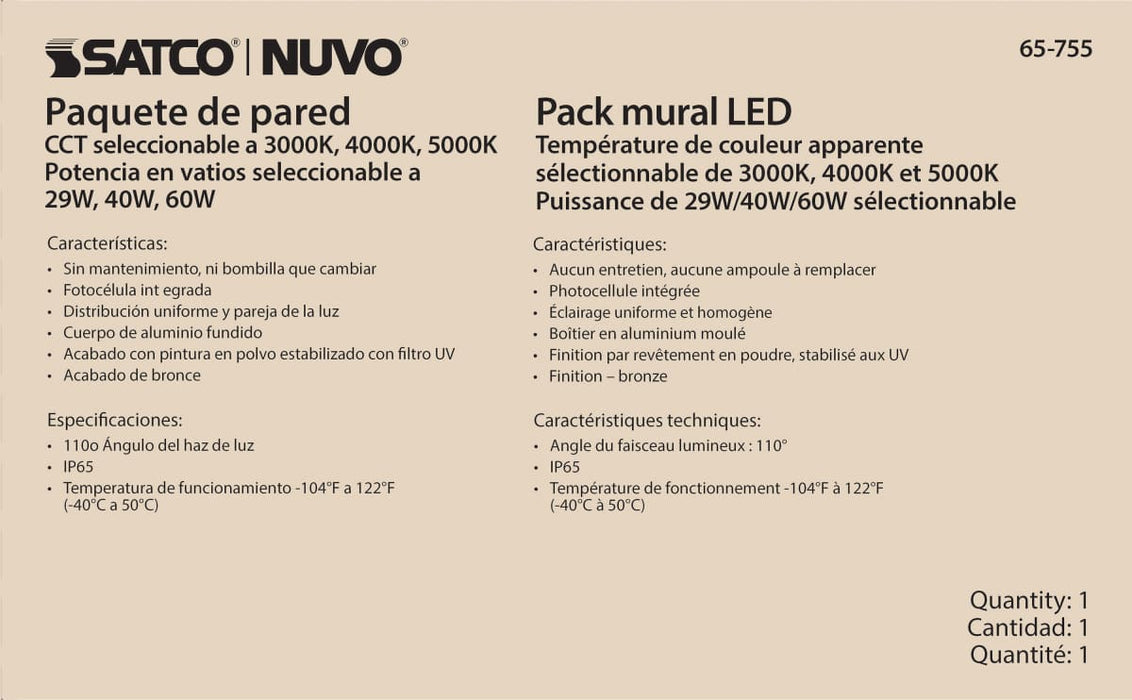 Wall Pack Nuvo 65-755 CCT and Wattage Adjustable LED Wall Pack - Integrated Bypassable Photocell - CCT Selectable from 3000, 4000 or 5000K - Wattage Selectable from 29, 40, or 60 Watt - 120-277 Volt - Bronze Finish Nuvo