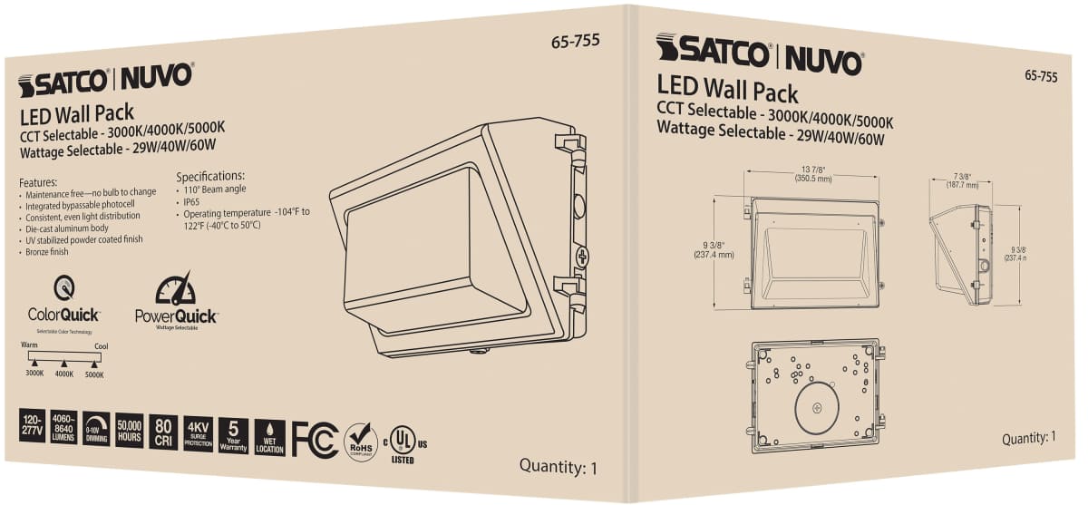 Wall Pack Nuvo 65-755 CCT and Wattage Adjustable LED Wall Pack - Integrated Bypassable Photocell - CCT Selectable from 3000, 4000 or 5000K - Wattage Selectable from 29, 40, or 60 Watt - 120-277 Volt - Bronze Finish Nuvo