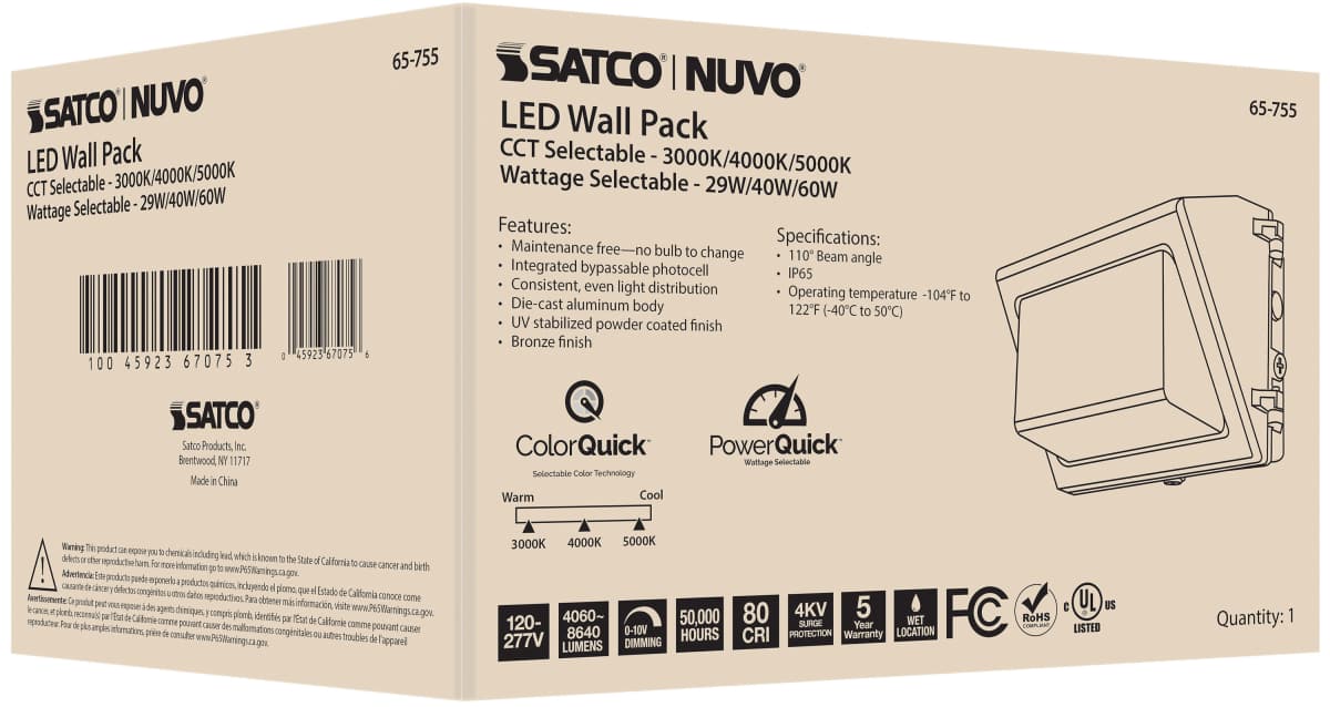 Wall Pack Nuvo 65-755 CCT and Wattage Adjustable LED Wall Pack - Integrated Bypassable Photocell - CCT Selectable from 3000, 4000 or 5000K - Wattage Selectable from 29, 40, or 60 Watt - 120-277 Volt - Bronze Finish Nuvo