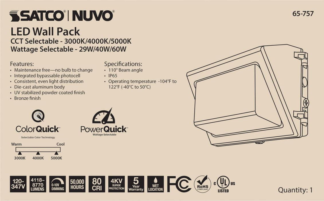Wall Pack Nuvo 65-757 CCT and Wattage Adjustable LED Wall Pack - Integrated Bypassable Photocell - CCT Selectable from 3000, 4000 or 5000K - Wattage Selectable from 29, 40, or 60 Watt - 120-347 Volt - Bronze Finish Nuvo